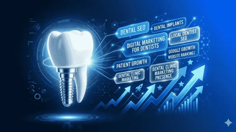 A conceptual 3D abstract graphic featuring a shining white dental implant model floating next to glowing blue SEO keyword tags, rising growth arrows, and data charts on a dark navy and primary blue background representing digital marketing for dentists.