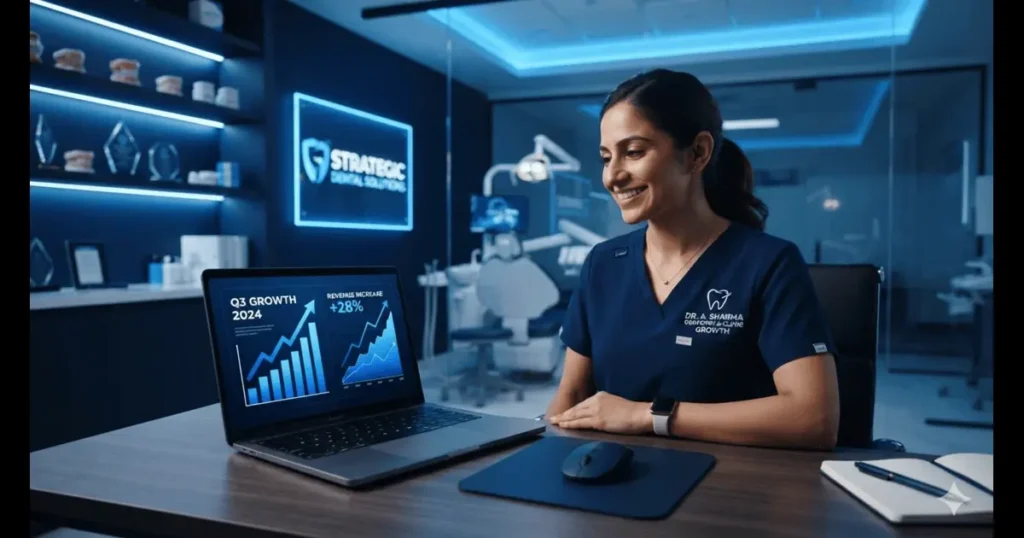 A smiling female dentist in a dark navy uniform sitting at a desk in a modern clinic, looking at a laptop displaying a rising corporate business growth chart with neon blue lighting highlights.