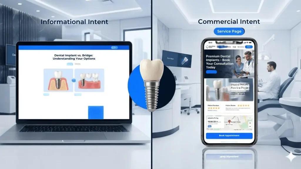Dental implant informational blog and commercial service page search intent