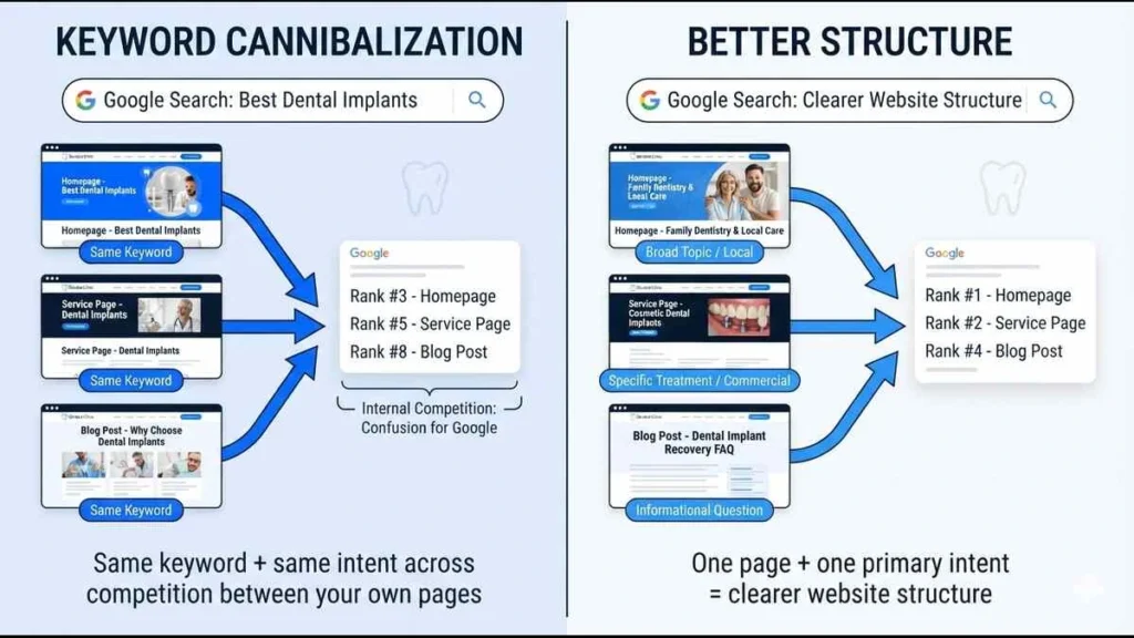Keyword cannibalization between dental homepage service page and blog