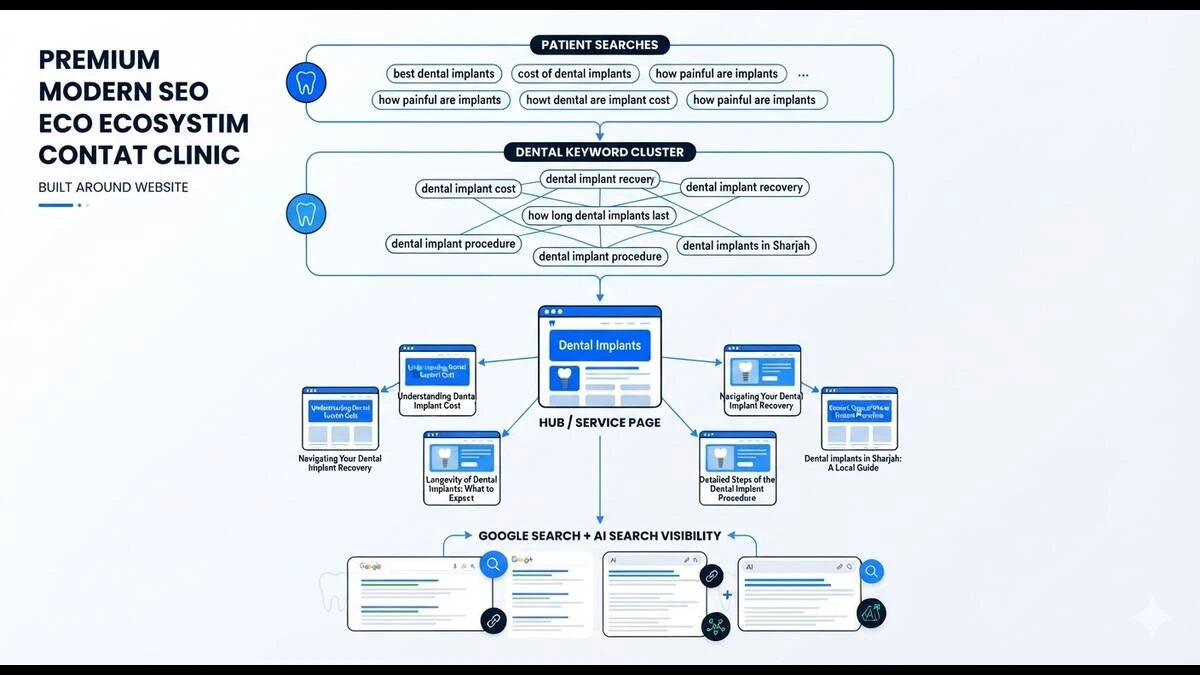 Dental keyword cluster connecting blog content service pages and AI search visibility