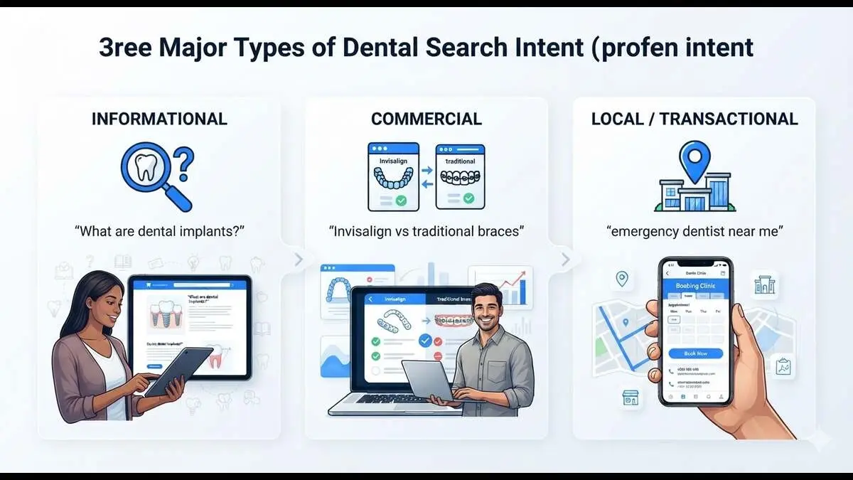 Dental search intent chart showing informational, commercial, and local transactional dentist keywords list
