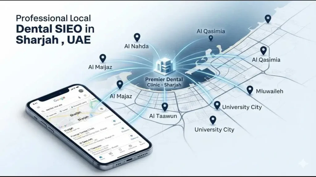 Sharjah local dental SEO checklist showing neighborhood targeting across Al Nahda, Al Majaz, Al Khan and other nearby areas