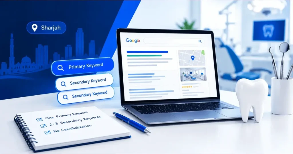 Sharjah dental service page keyword strategy showing primary and secondary keywords