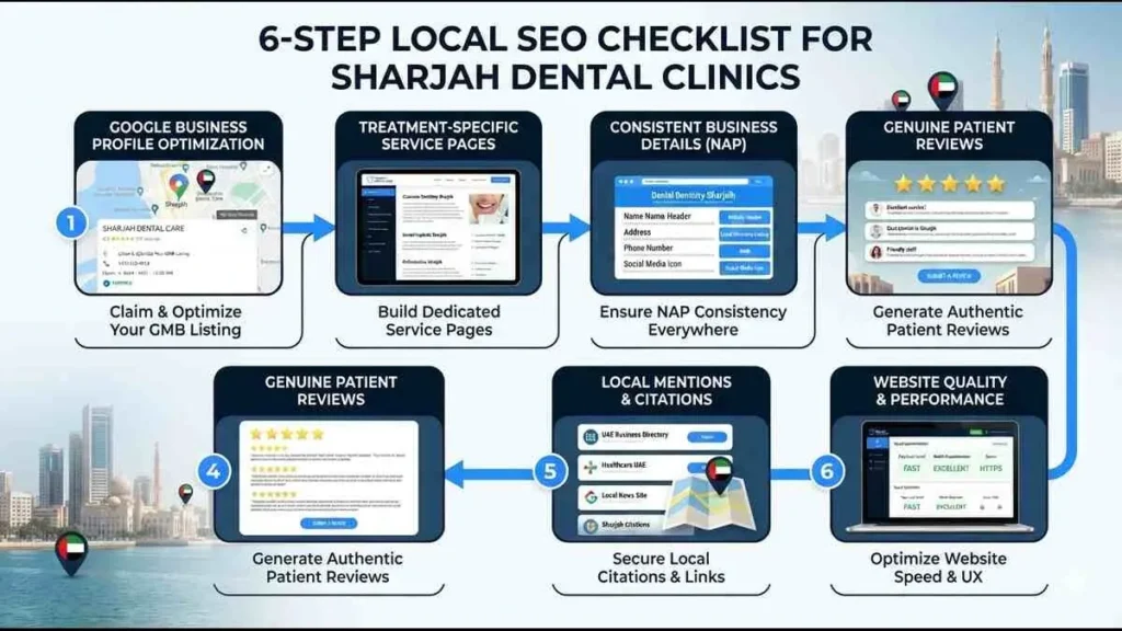 Six-step Sharjah local dental SEO checklist covering Google Business Profile, service pages, reviews, local mentions and website SEO