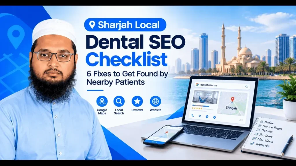 Sharjah local dental SEO checklist showing six fixes to help dental clinics get found by nearby patients