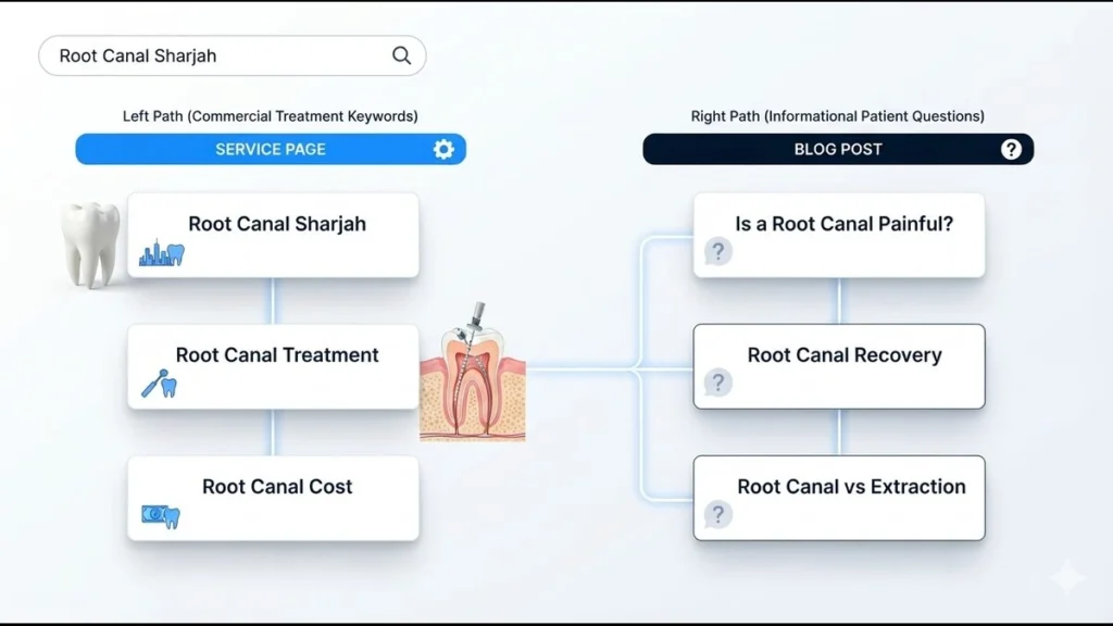 Keyword map separating Sharjah root canal service and blog keywords