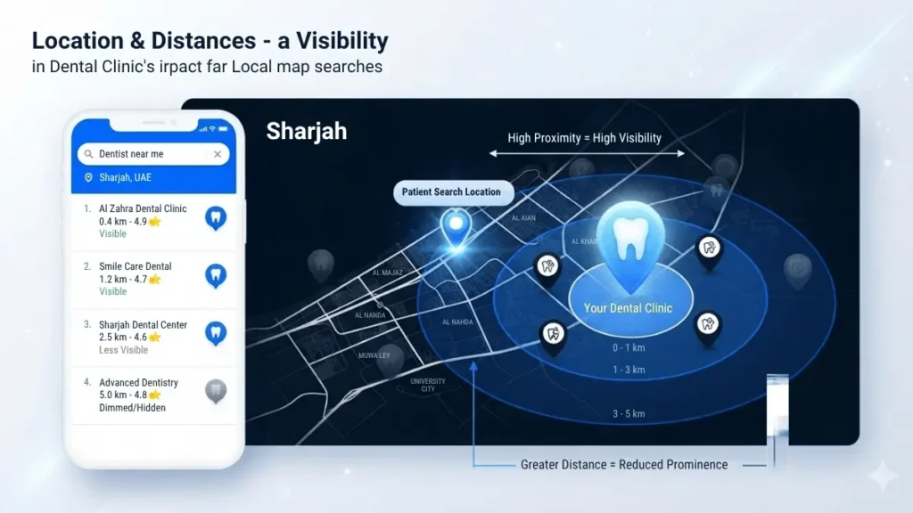 Sharjah dental clinic location and distance affecting Google Maps visibility